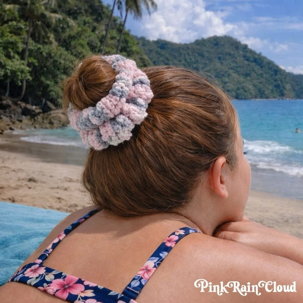 Handmade Crochet VELVET Dusty Rose Stretchy Hair Scrunchie PinkRainCloud